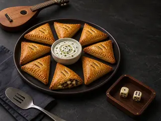 Tray of flaky mushroom hand pies around chive yogurt dip