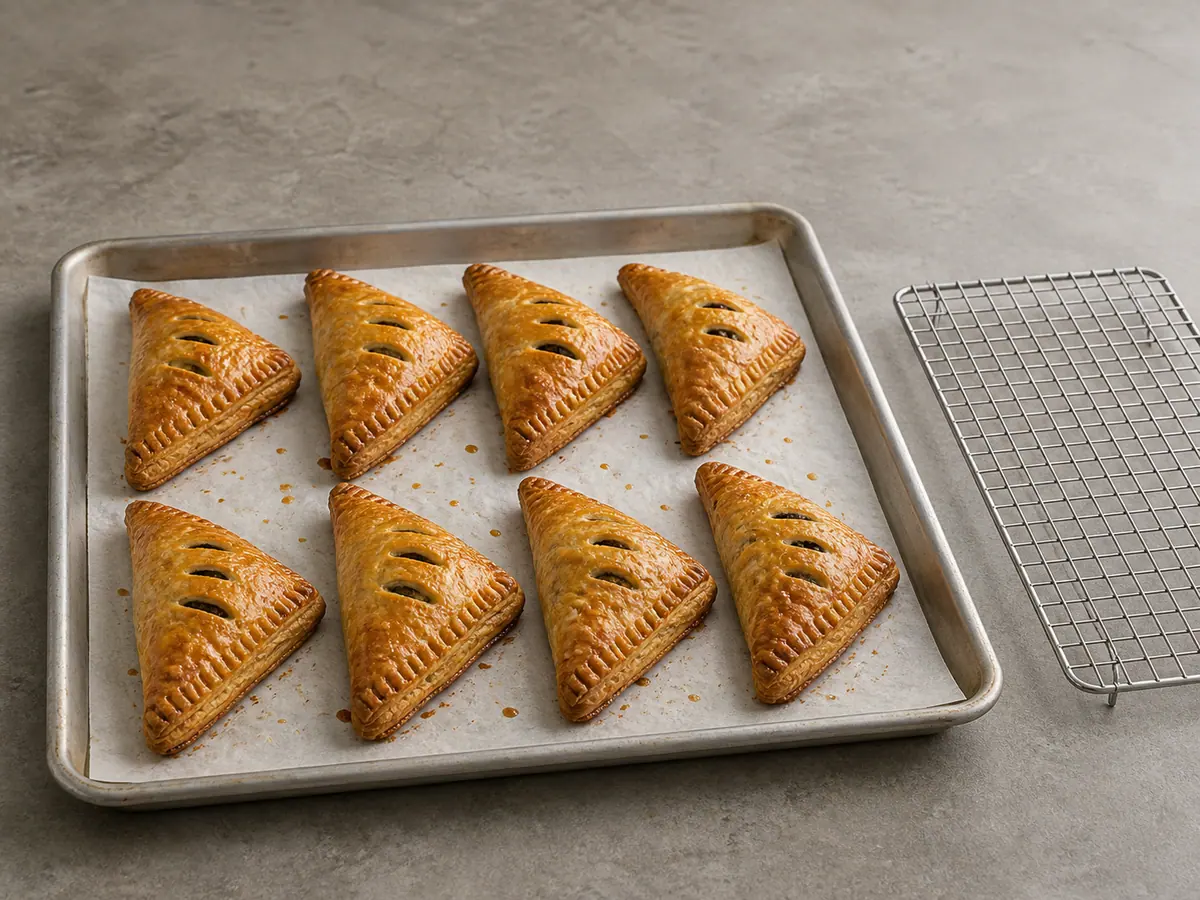 Oito pastéis de cogumelos bem dourados e crocantes assados em uma assadeira