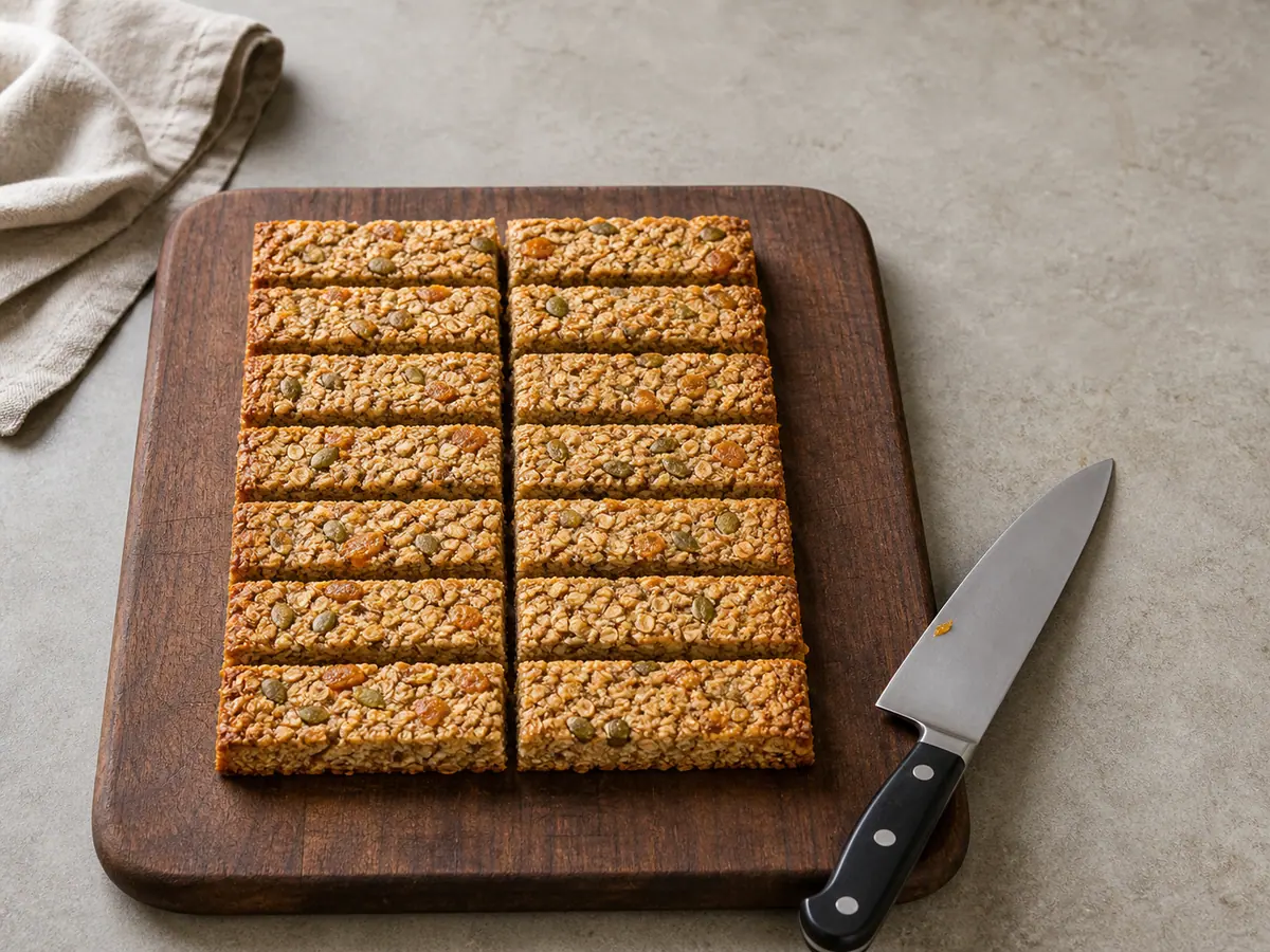 Cooled apricot oat slice cut into 16 equal bars on a board