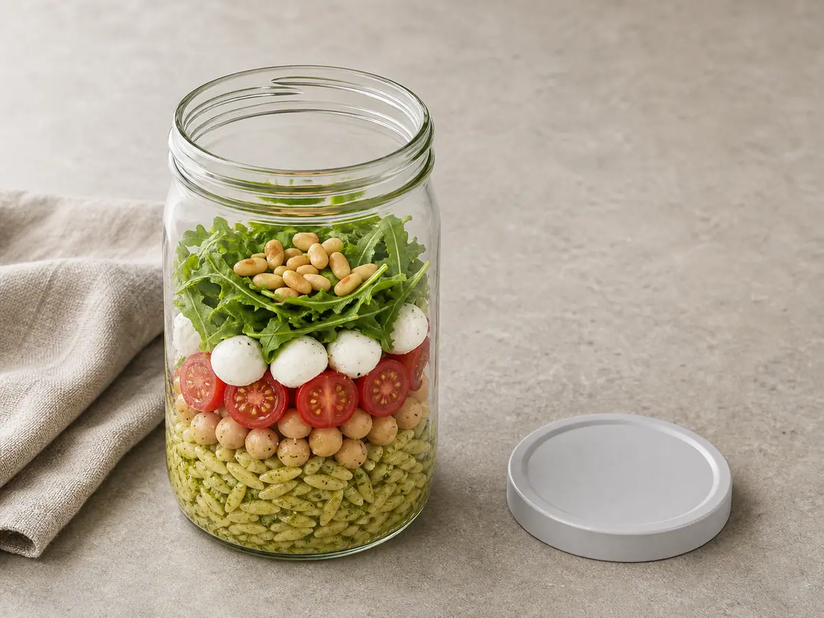 Layered pesto orzo serving jar with chickpeas, tomatoes, mozzarella, arugula, toasted pine nuts, and mixing headspace