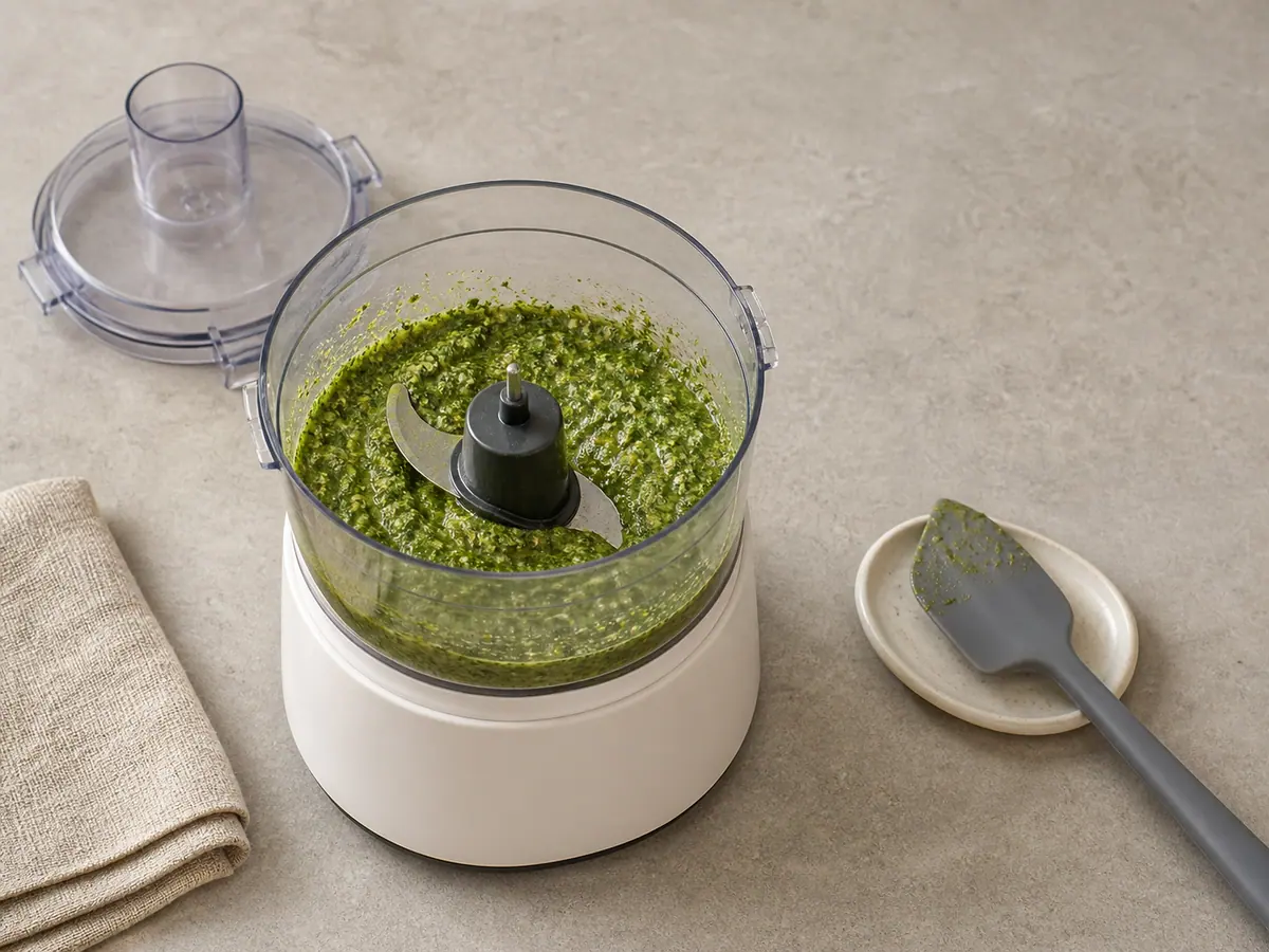 Thick basil pesto in a food processor with visible pine-nut and parmesan texture