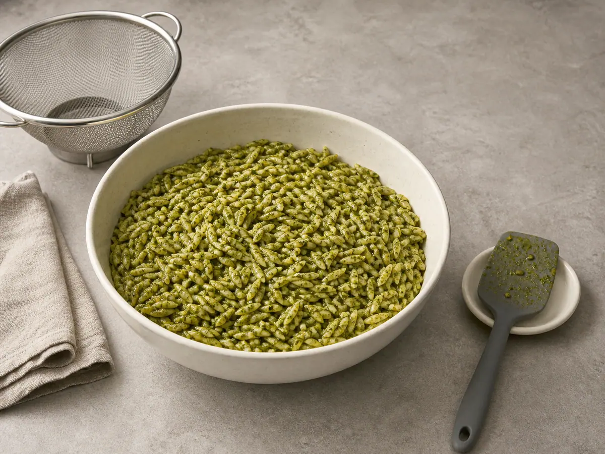 Warm orzo evenly coated with thick basil pesto in a mixing bowl