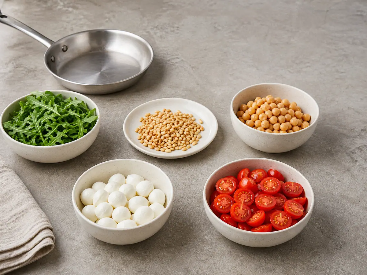Prepared salad layers with pale-gold toasted pine nuts, halved tomatoes, drained chickpeas and mozzarella, and dry arugula