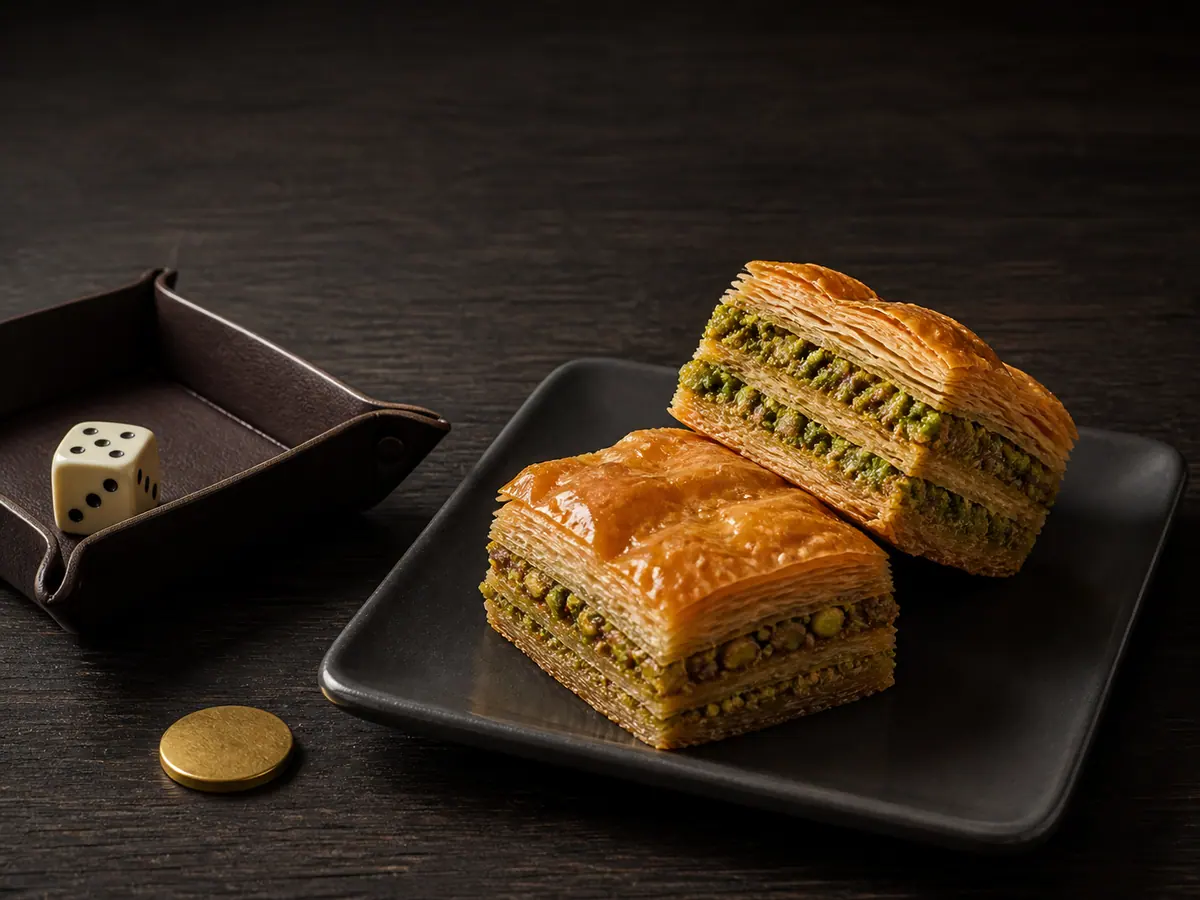 Dos cuadritos de baklava de pistacho con masa filo dorada y crujiente y capas verdes de pistacho a la vista