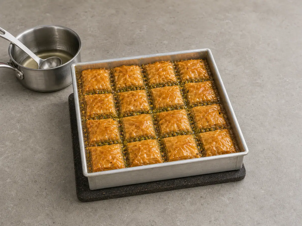 Baklava de pistacho horneado con almíbar frío brillando en los cortes