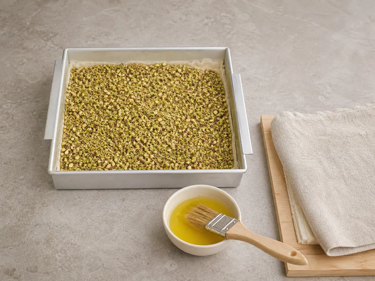 Relleno de pistacho distribuido de manera uniforme sobre masa filo con mantequilla durante el armado del baklava