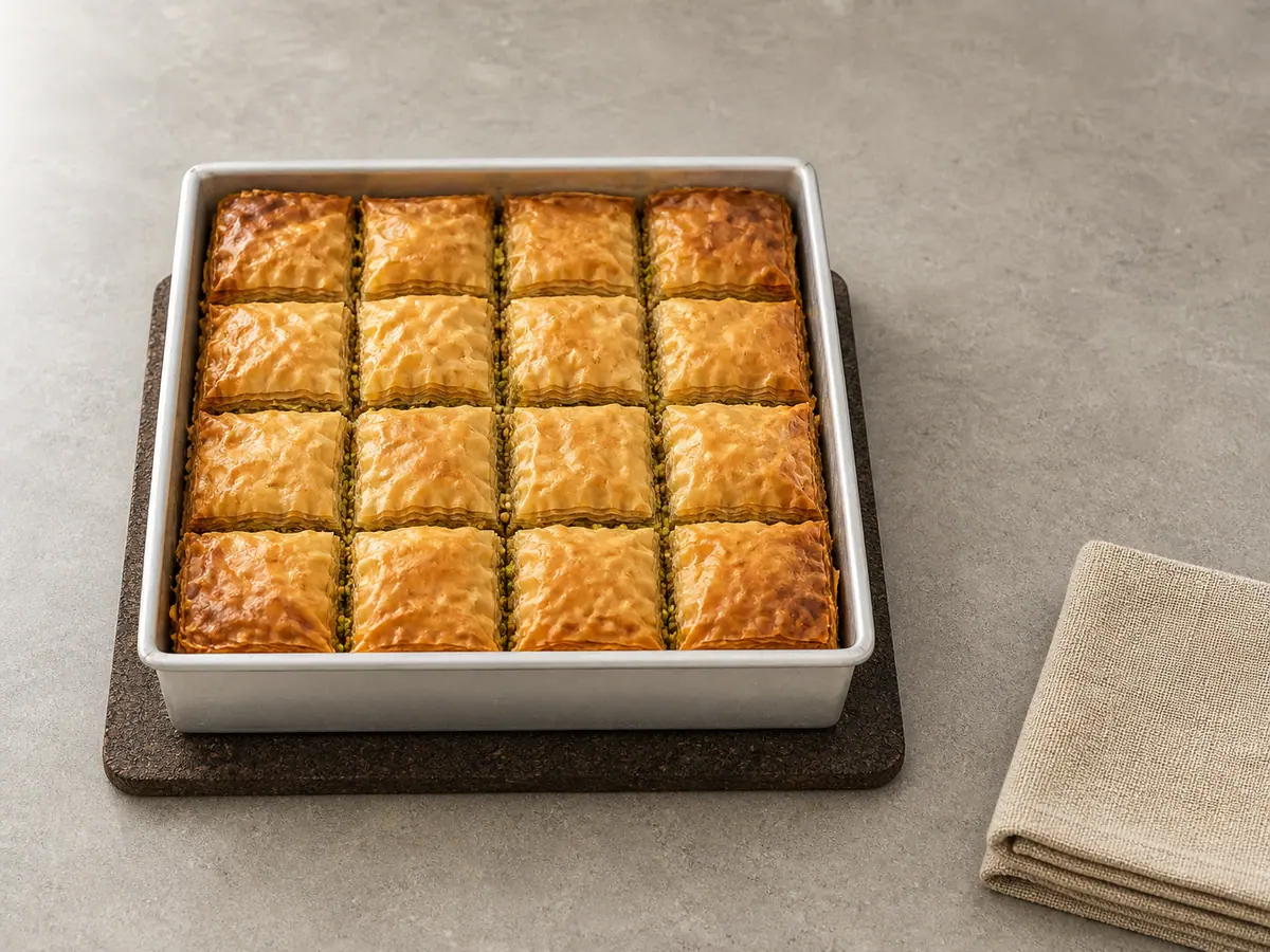 Baklava de pistacho bien dorado, horneado en una cuadrícula de dieciséis cuadritos antes de añadir el almíbar