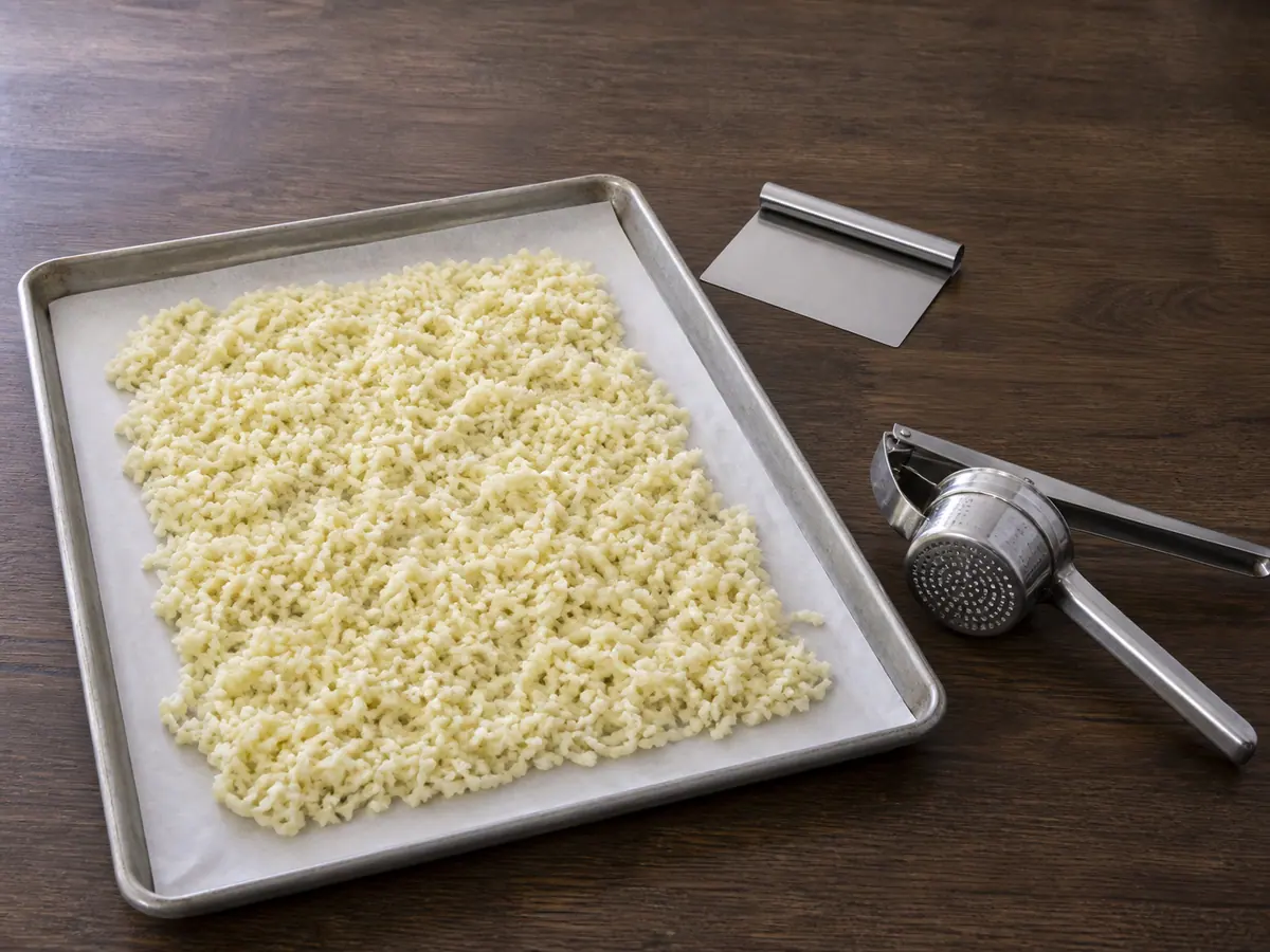 Cooked riced potatoes spread on a tray until the surface looks matte