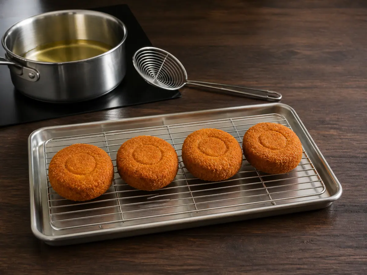 Four fully cooked golden potato croquette tokens draining on a wire rack