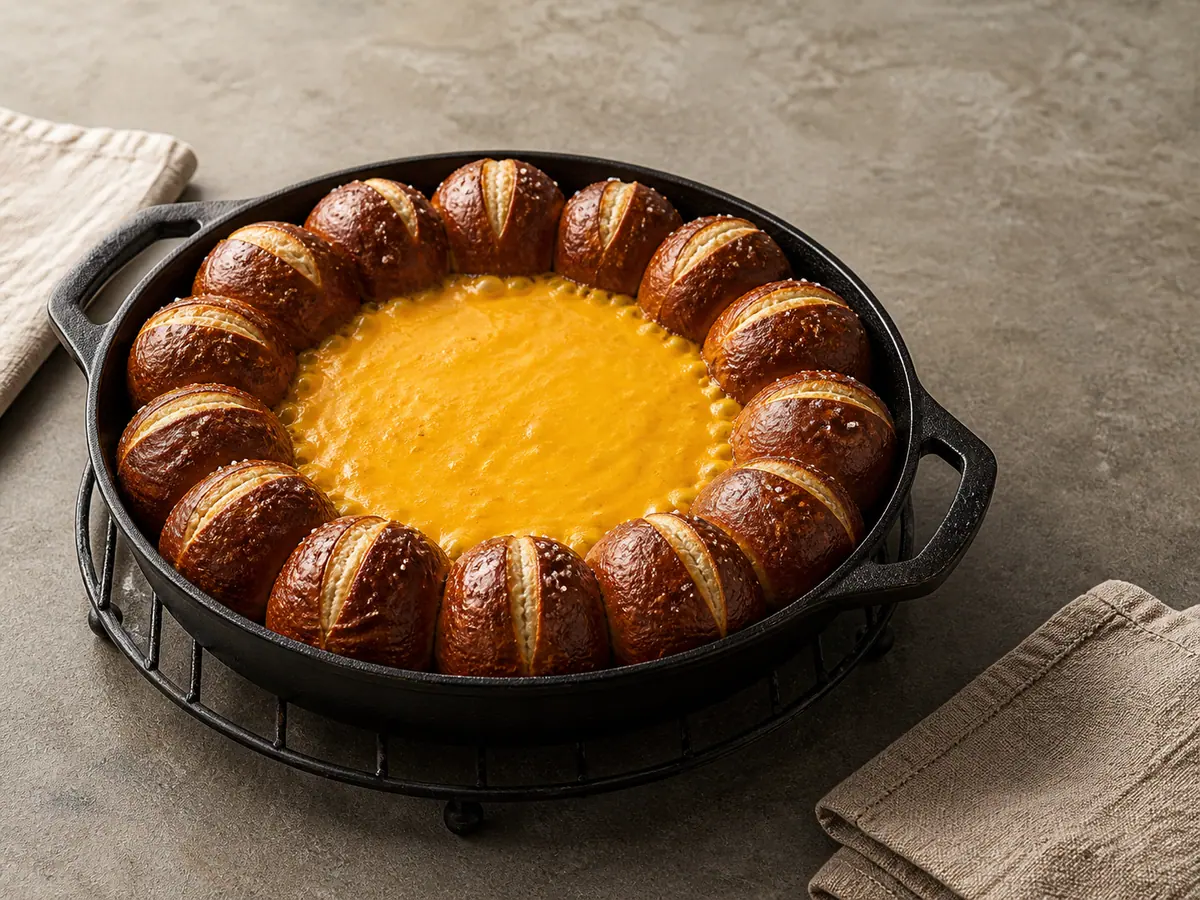 Coroa de pretzels bem escuros em volta de molho de cheddar e mostarda borbulhando suavemente antes da finalização