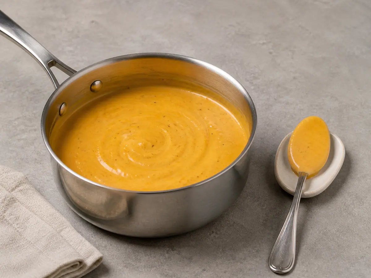Molho liso e dourado de cheddar e mostarda cobrindo uma colher ao lado de uma panela
