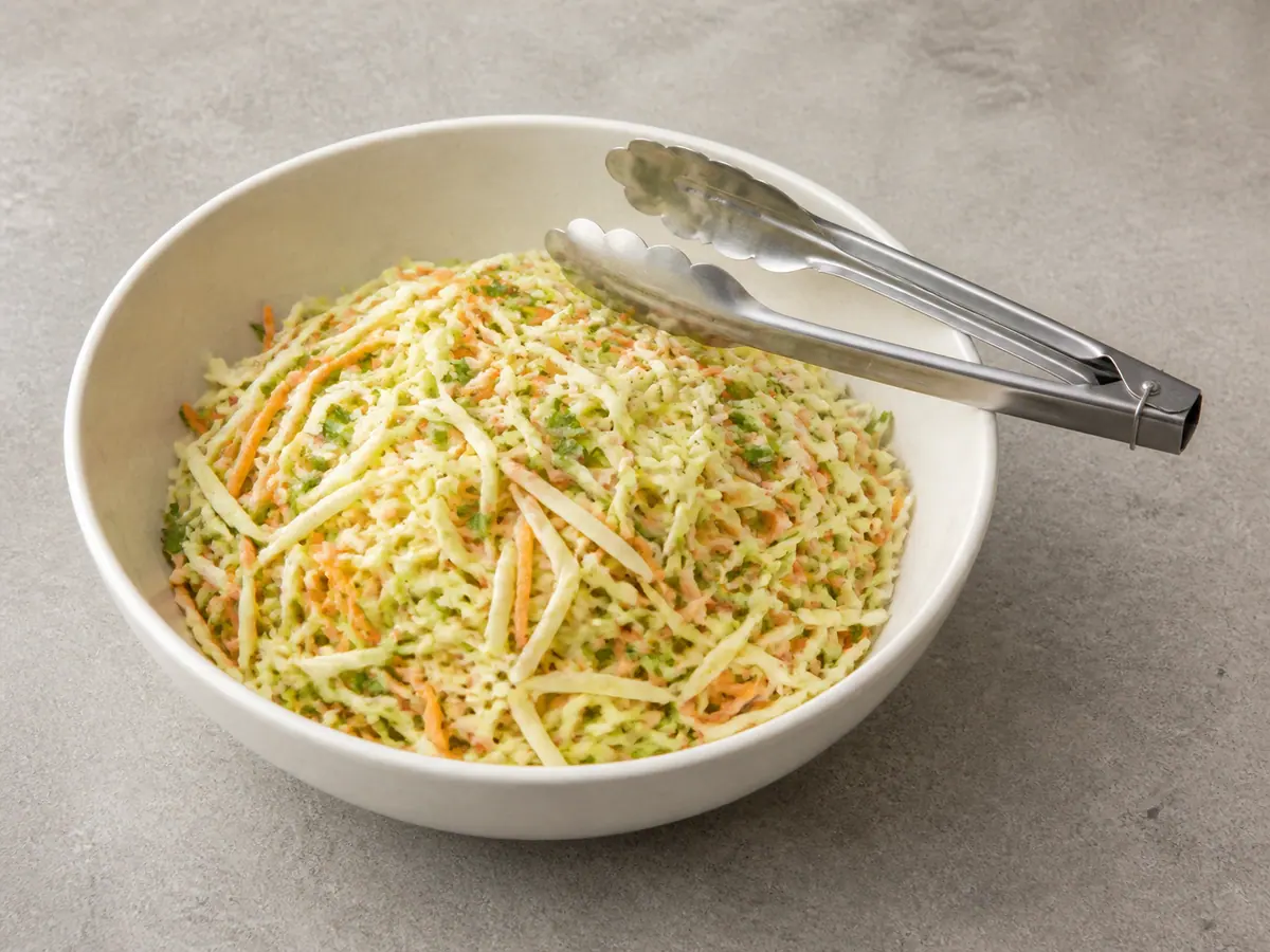 Lightly dressed cabbage and carrot lime slaw drained in a mixing bowl