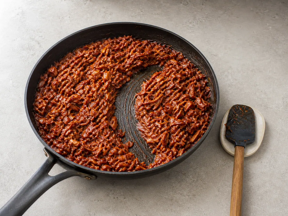 Tacky glazed jackfruit with a spatula trail showing the sauce is reduced