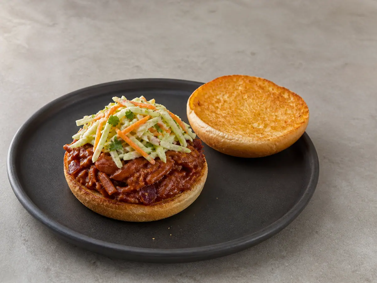Open toasted vegan bun layered with glazed jackfruit and drained lime slaw