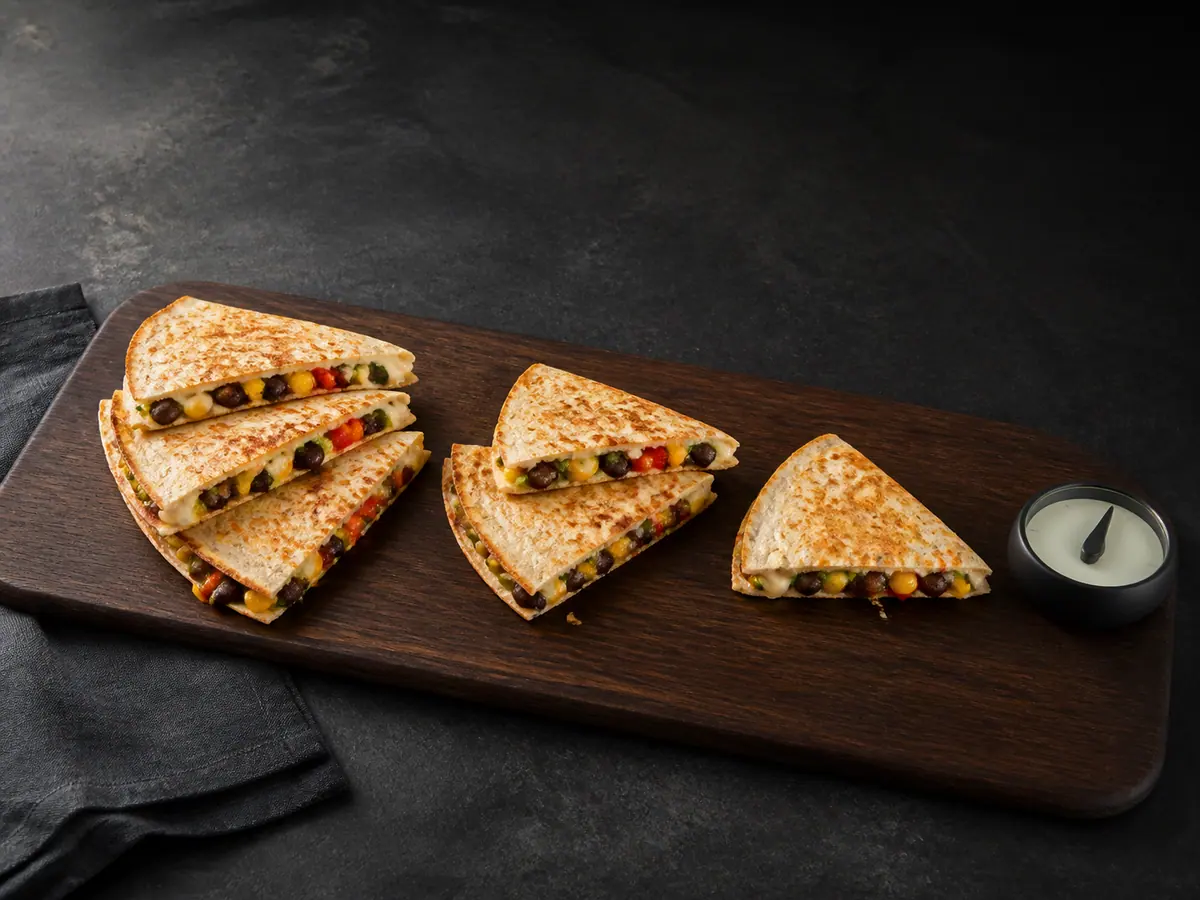 Six crisp quesadilla wedges arranged in a three-two-one countdown beside a plain timer