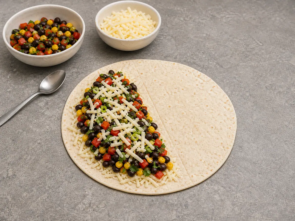 Open wheat flour tortilla layered with cheese and dry black bean filling on one half before folding