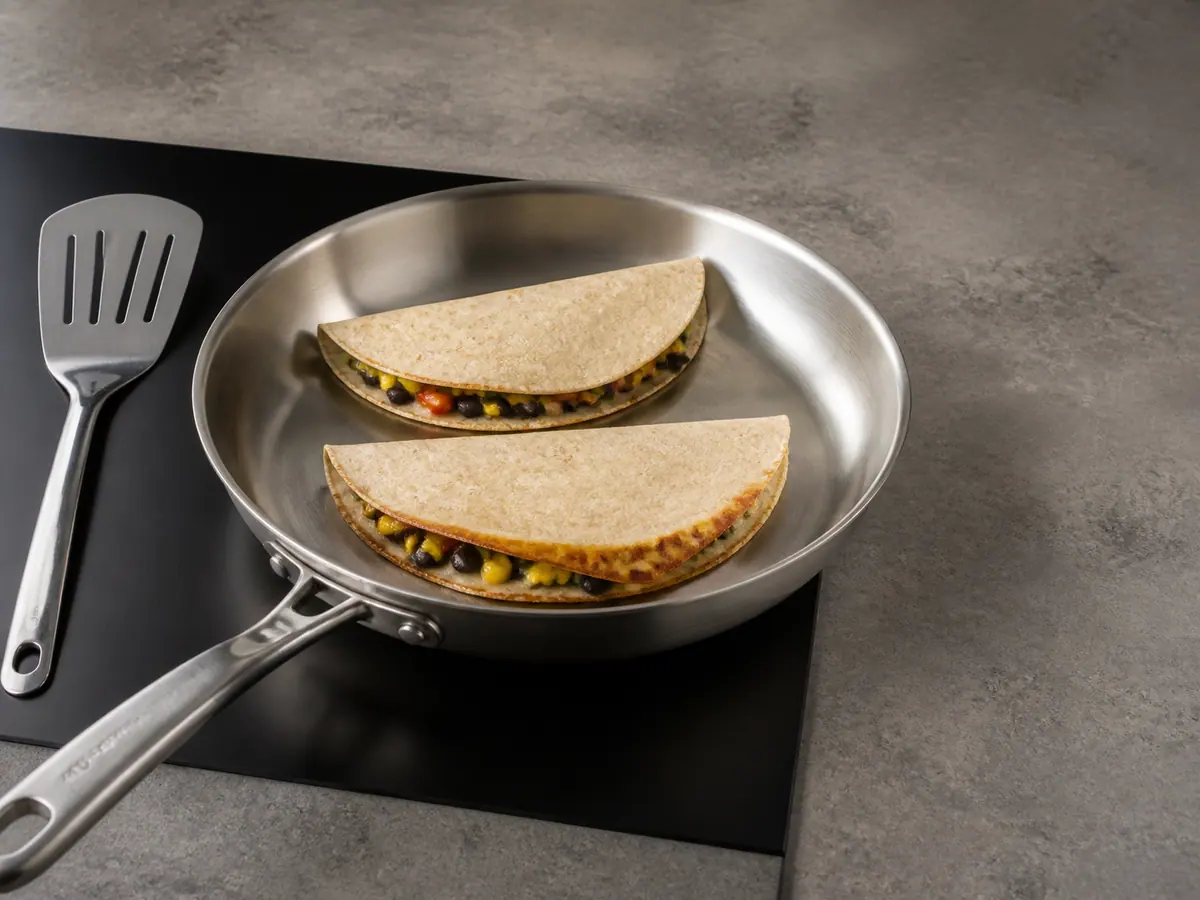 Two folded quesadillas browning in a skillet with golden spotting visible along the first-side edges