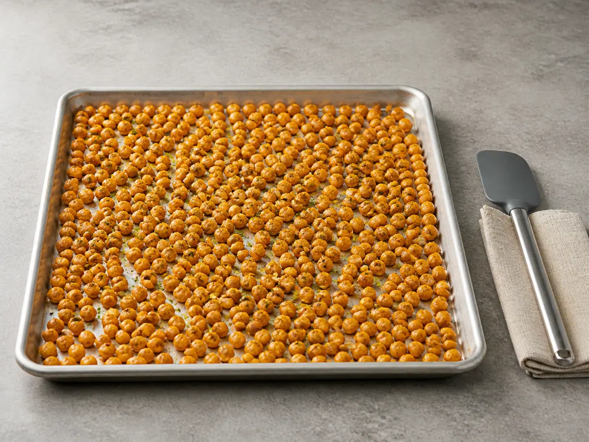 Golden roasted chickpeas with rosemary and lemon zest on a rimmed baking sheet