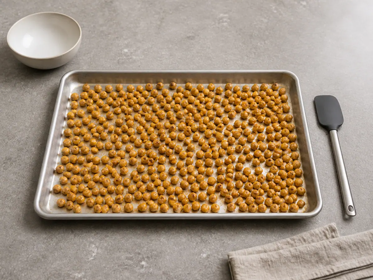 Deep-golden oil-roasted chickpeas spread on a rimmed baking sheet before nuts and seeds are added