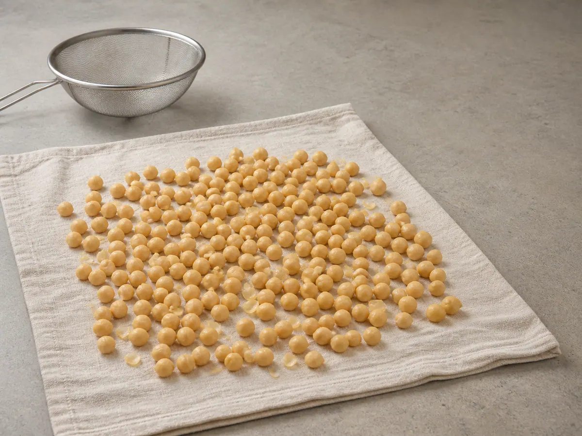 Thoroughly dried rinsed chickpeas spread on a kitchen towel before roasting