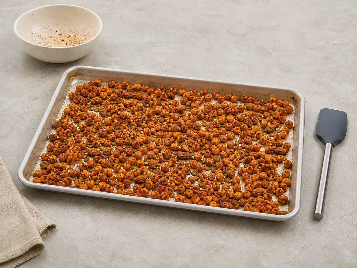 Seasoned roasted chickpeas, almonds, and pepitas cooling in one layer with fine lime zest