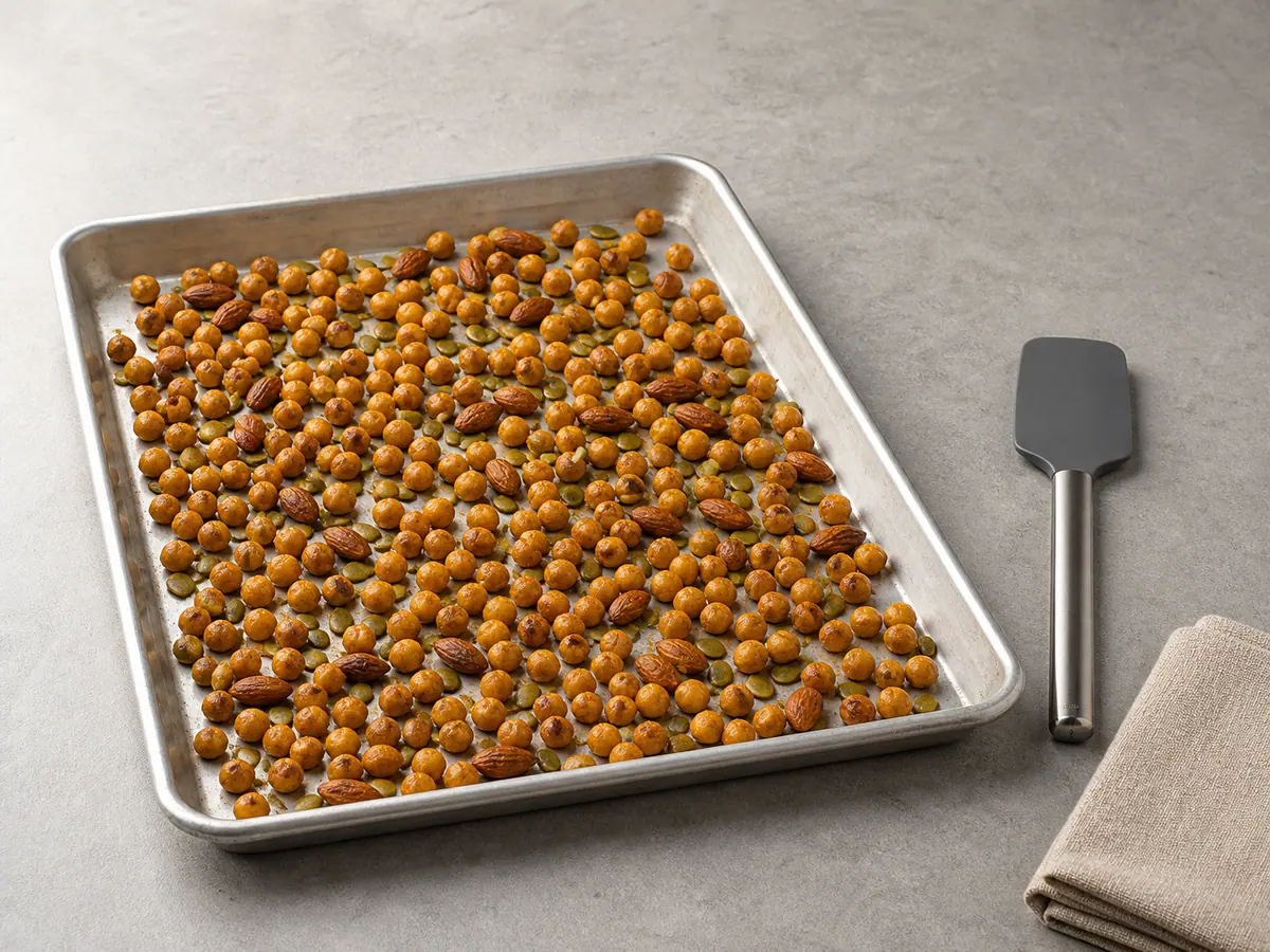 Deep-golden roasted chickpeas with lightly toasted almonds and pepitas on a rimmed baking sheet before seasoning