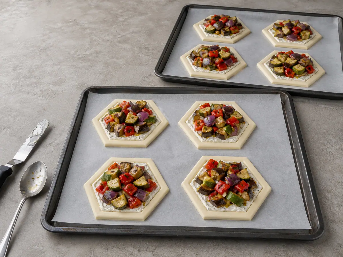 Raw hexagonal puff pastry tiles topped inside clean borders with goat cheese mixture and roasted vegetables