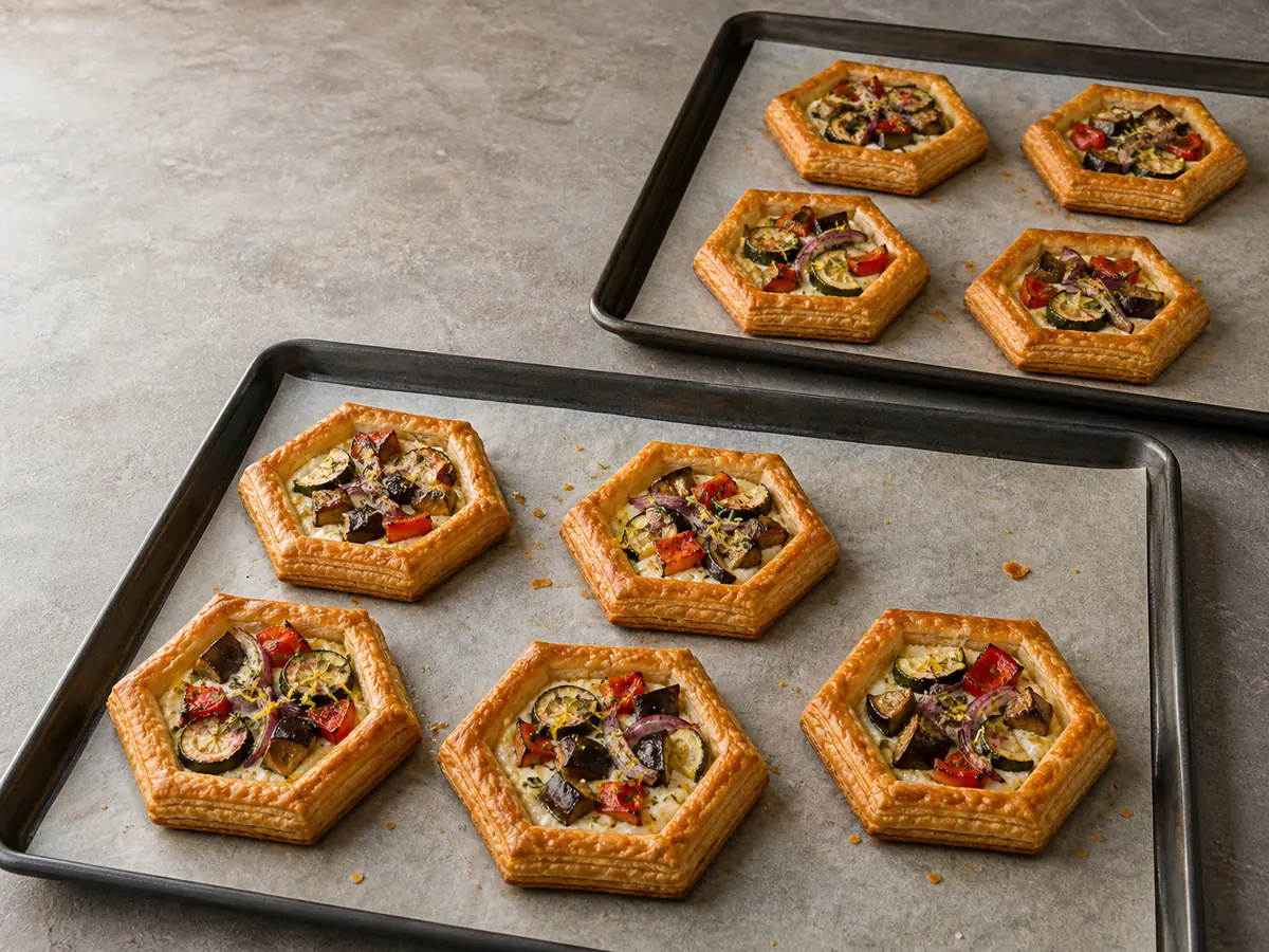 Baked vegetable tart tiles with deeply golden puff pastry borders on parchment-lined baking sheets