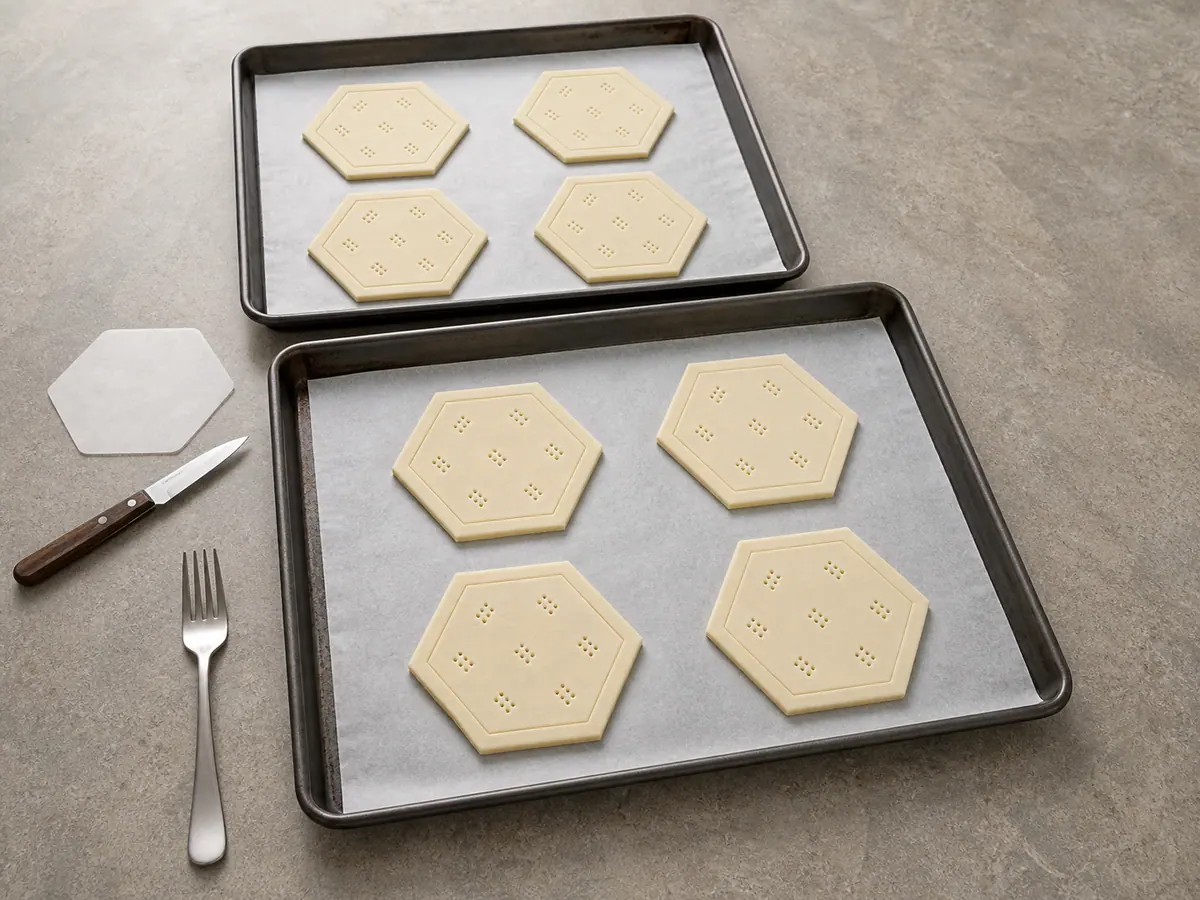 Eight hexagonal puff pastry tiles scored and docked on baking sheets before topping