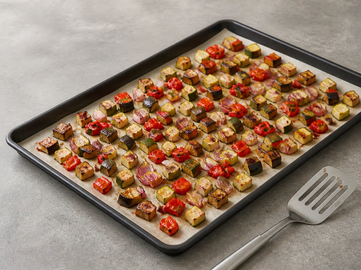Roasted zucchini, eggplant, red pepper, and red onion browned and dry on a parchment-lined baking sheet
