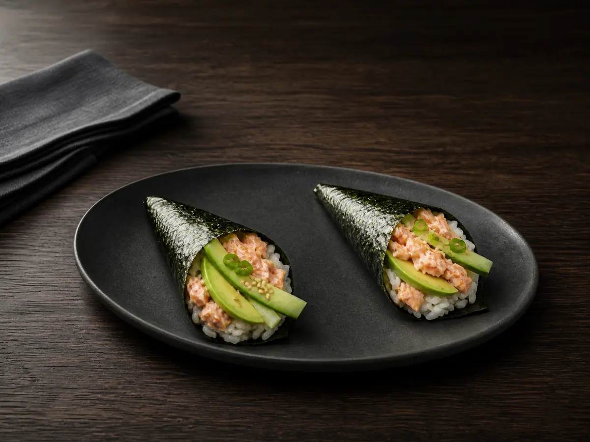 Dos temakis de salmón completamente cocido servidos juntos de forma ordenada sobre una fuente oscura