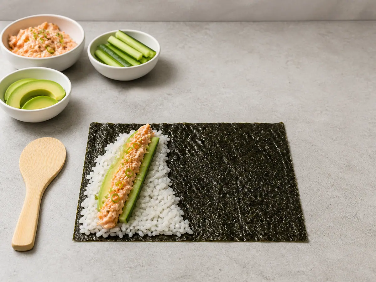 Arroz sazonado, relleno de salmón completamente cocido, pepino y aguacate acomodados en diagonal sobre el nori antes de doblarlo.