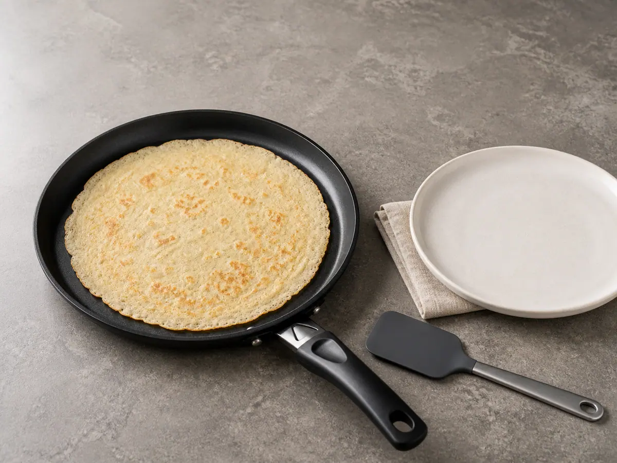Fully cooked thin crêpe with pale golden spots in a nonstick skillet
