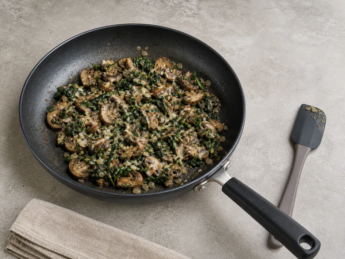 Dry browned mushroom and spinach filling with softened Gruyère in a skillet