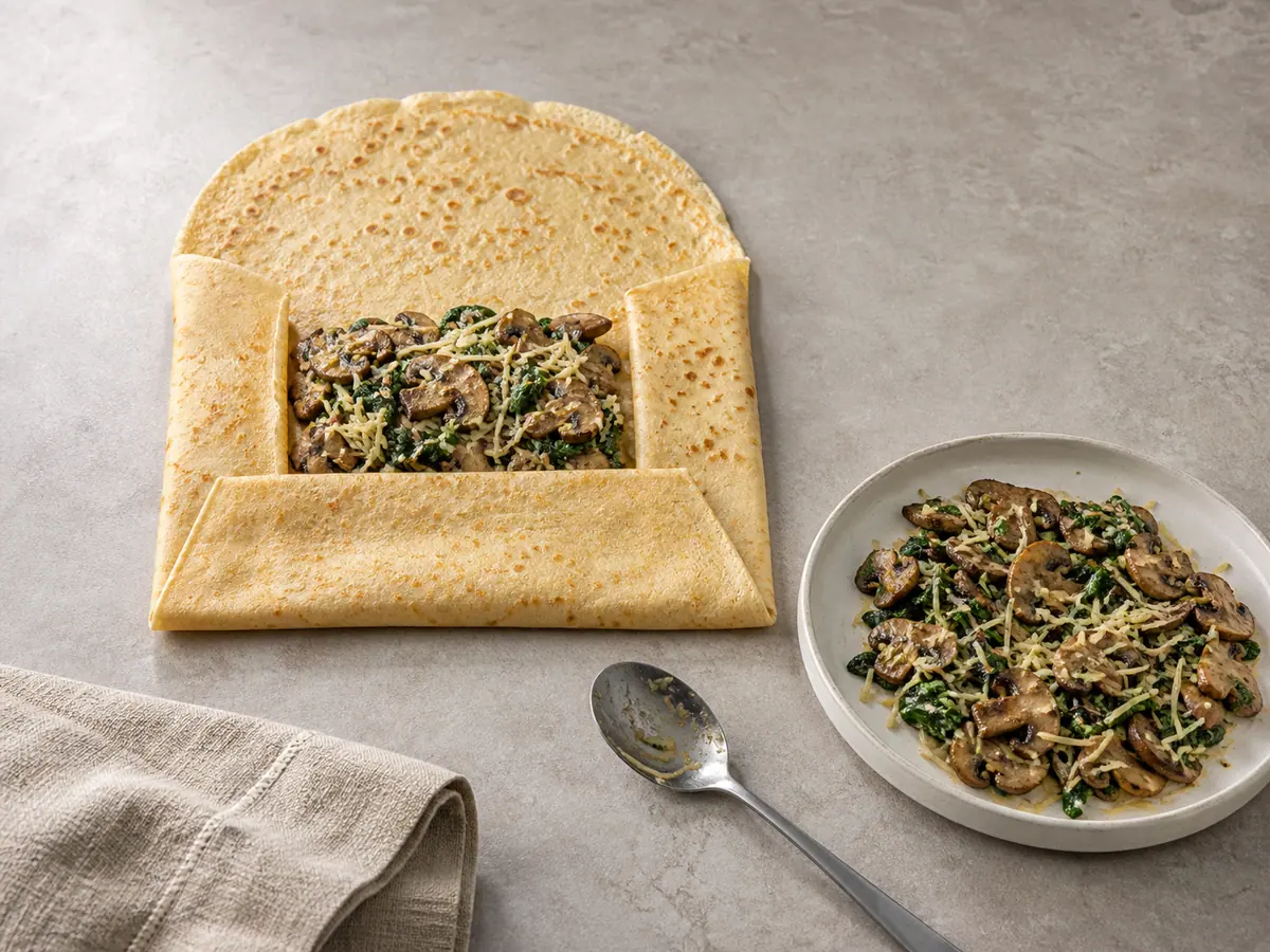 Savory crêpe partly folded around mushroom, spinach, Dijon, and Gruyère filling before crisping