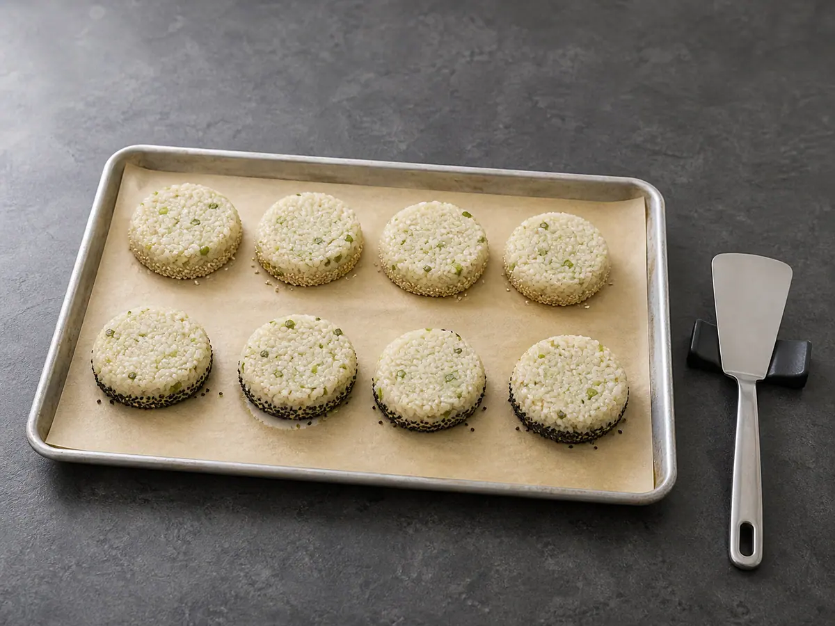 Eight rice patties after the first bake, sesame-side down with set pale tops and a clean release check