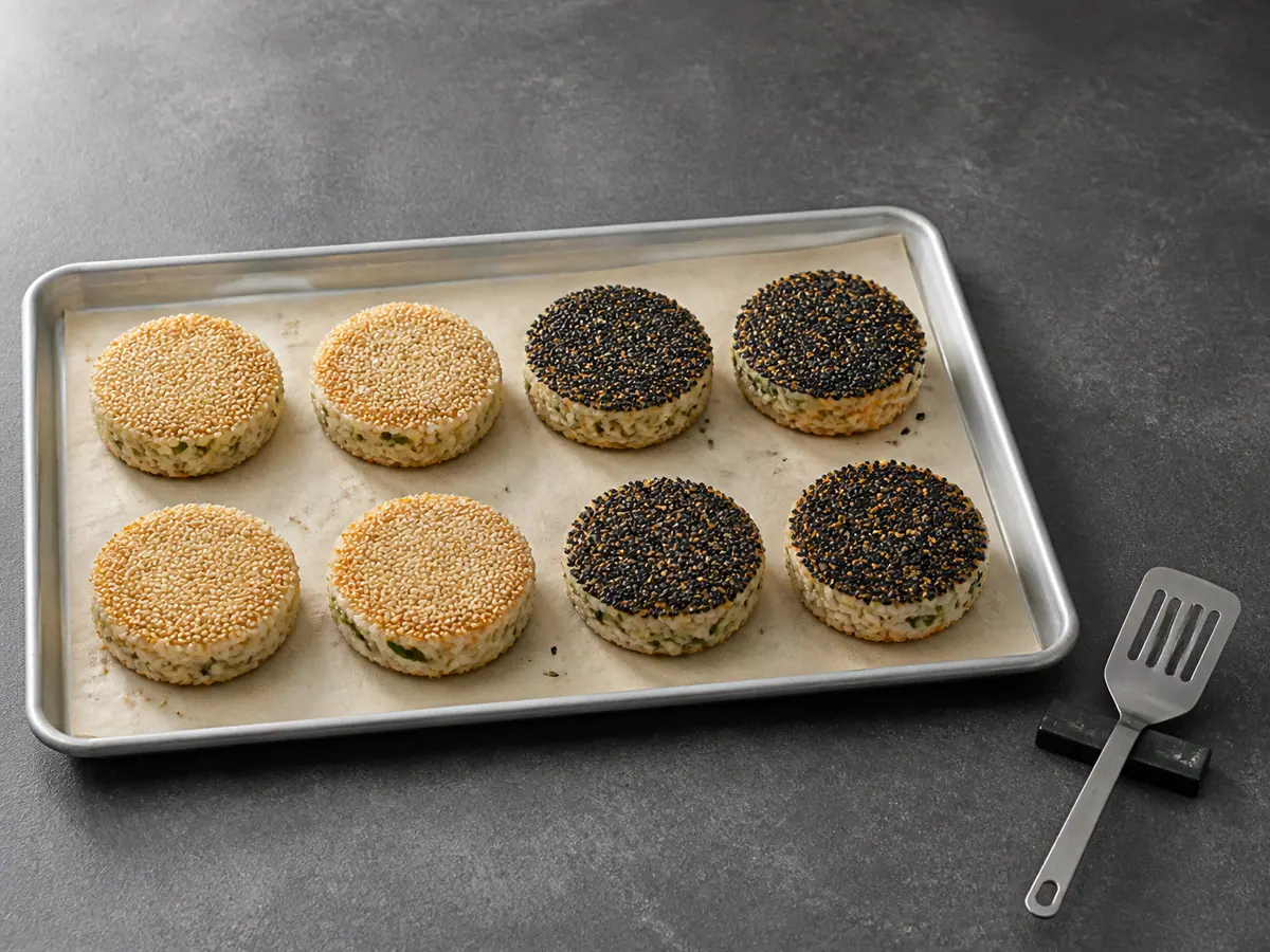 Eight rice patties after flipping, with four white-sesame and four black-sesame faces crisp and exposed