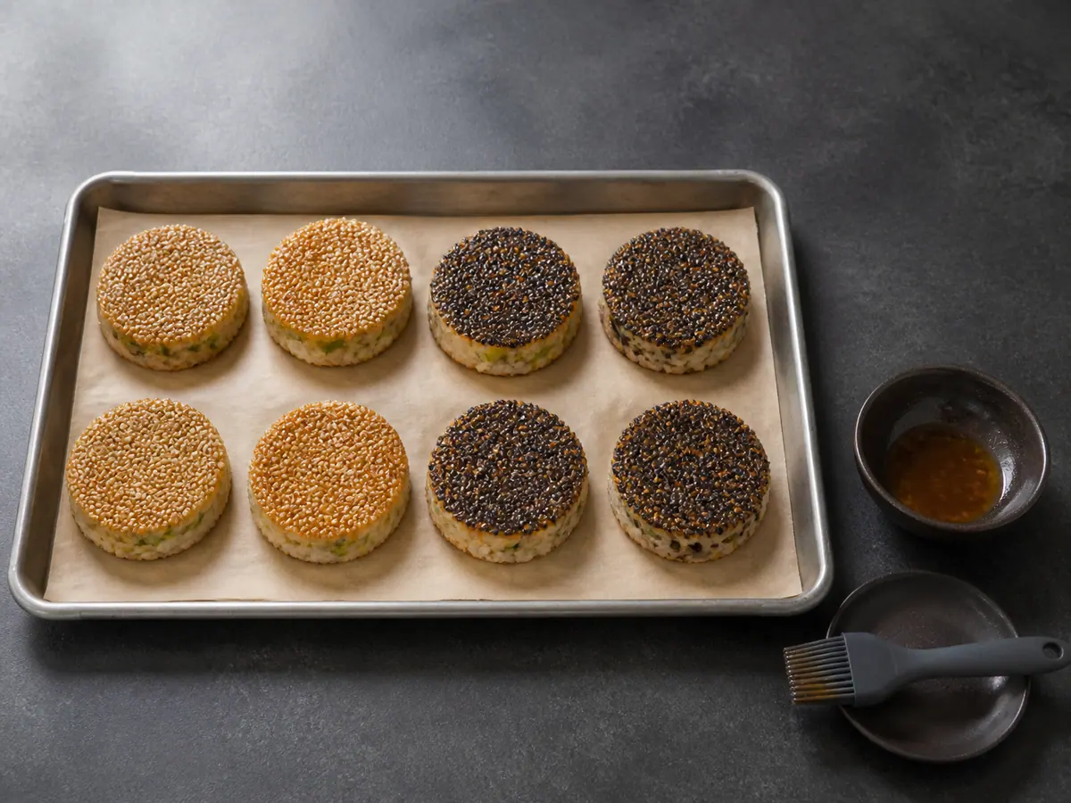 Eight sesame rice patties with the first thin ginger-soy glaze layer set glossy on the exposed seed faces