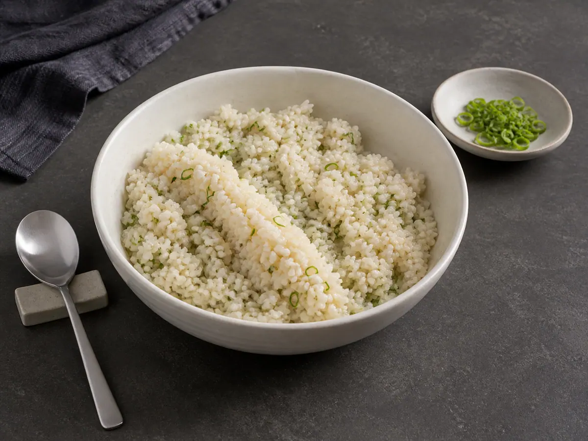 Worked warm short-grain rice with scallions in a bowl, cohesive but still grainy
