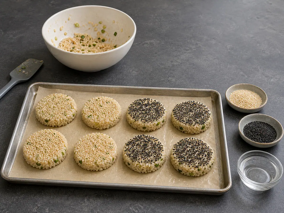 Eight unbaked scallion rice patties, four coated with white sesame and four with black sesame, arranged on a baking sheet
