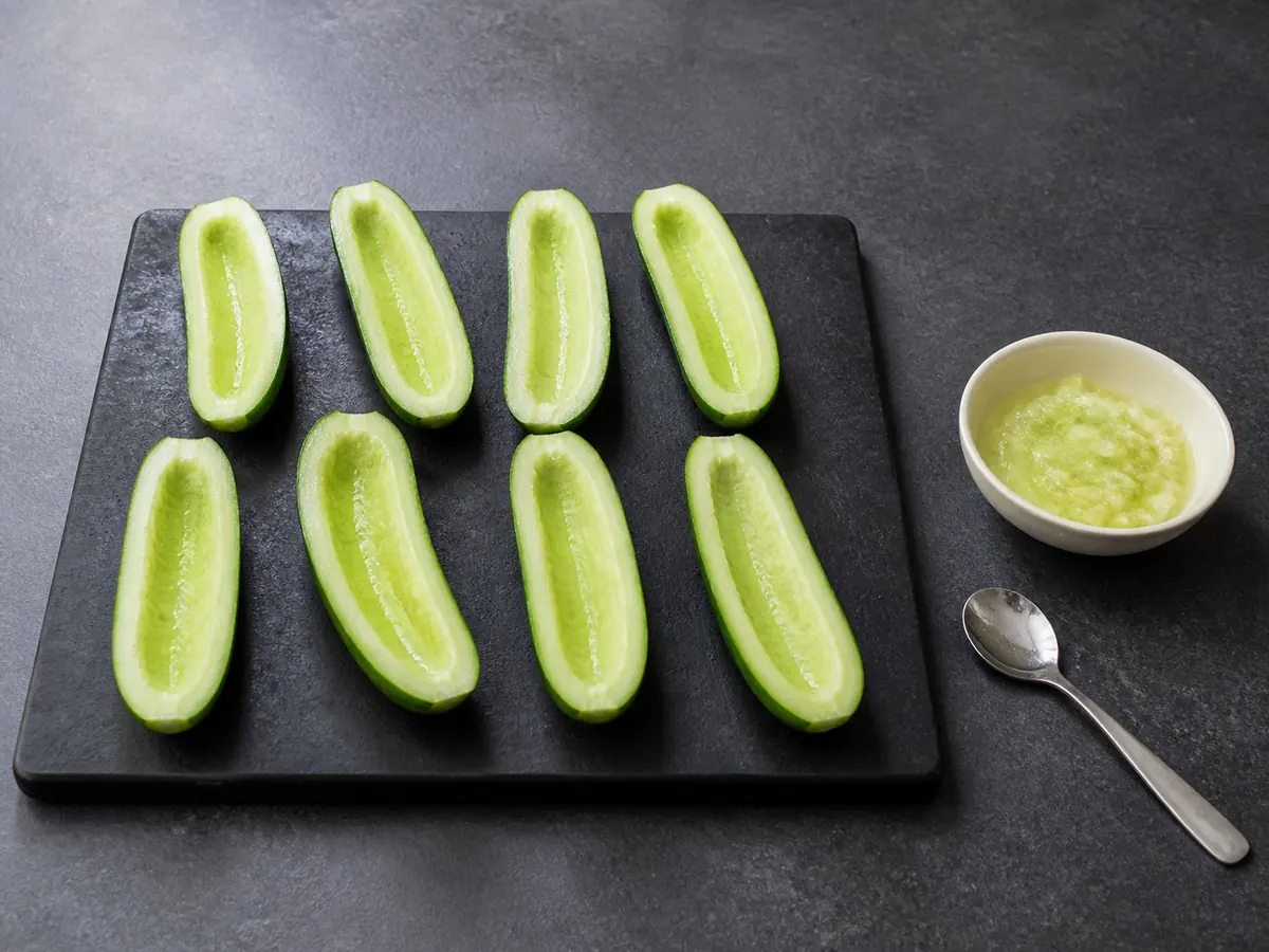 Metades de pepino persa com canais centrais escavados para receber o recheio de truta defumada