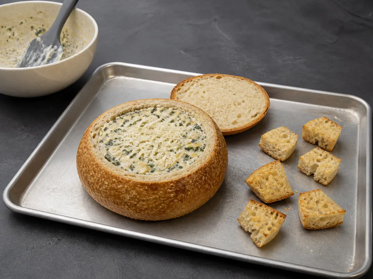 Pan de masa madre tostado y relleno con una mezcla espesa de espinaca y alcachofa, cubierto con queso sin derretir antes de hornear