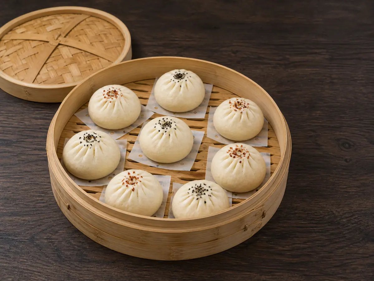 Oito bao levemente fofos após a fermentação, espaçados em um dos níveis de uma cesta de bambu para vapor