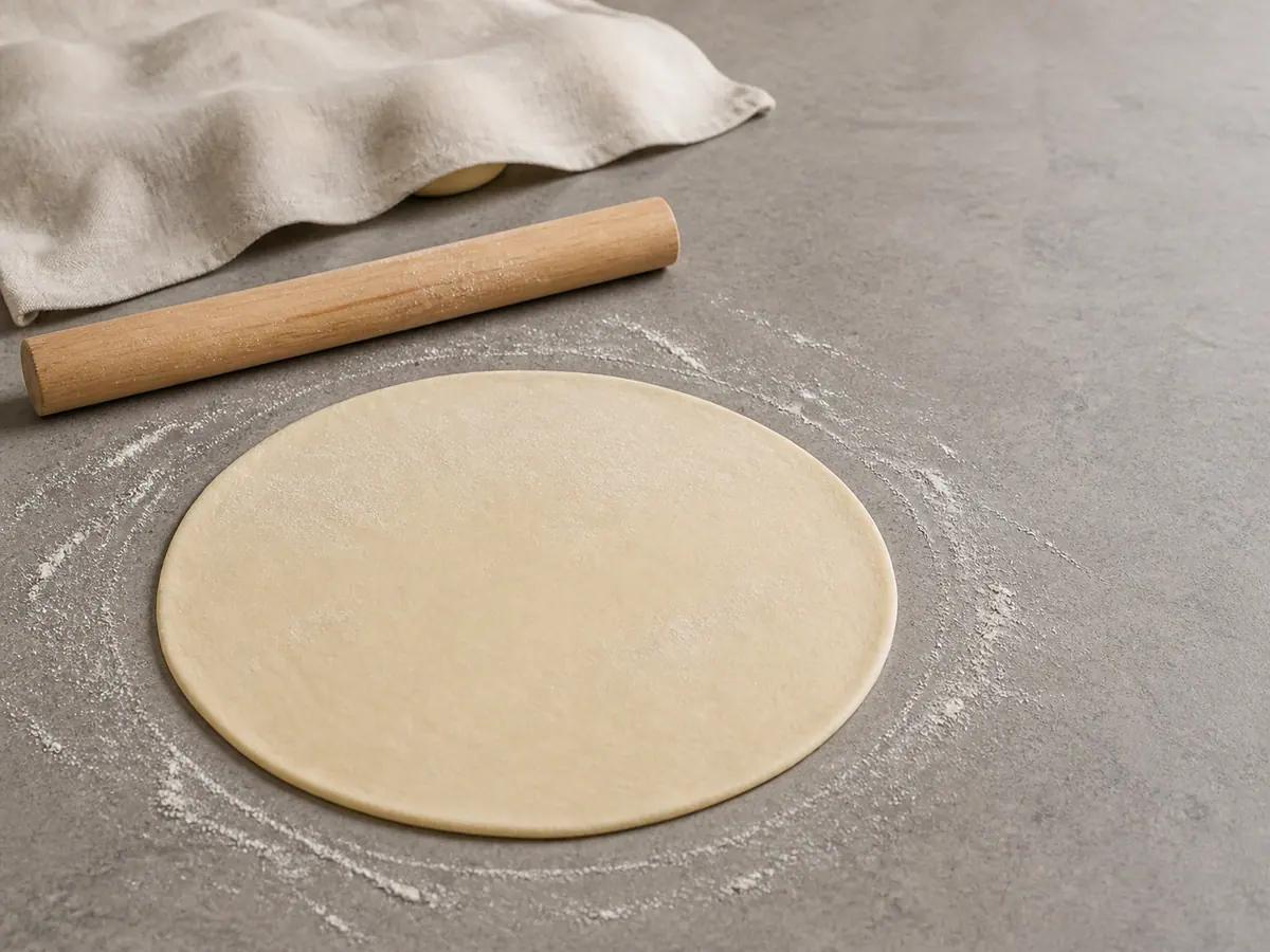 Círculo fino de masa para pan plano ya estirado, con el resto de la masa cubierto