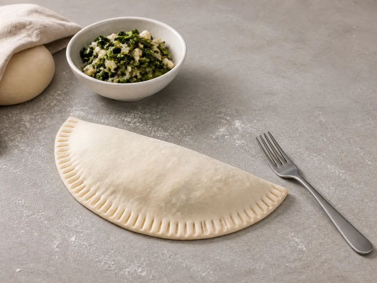 Pan plano relleno de espinaca y feta, sin cocinar, sellado en forma de media luna fina con marcas de tenedor