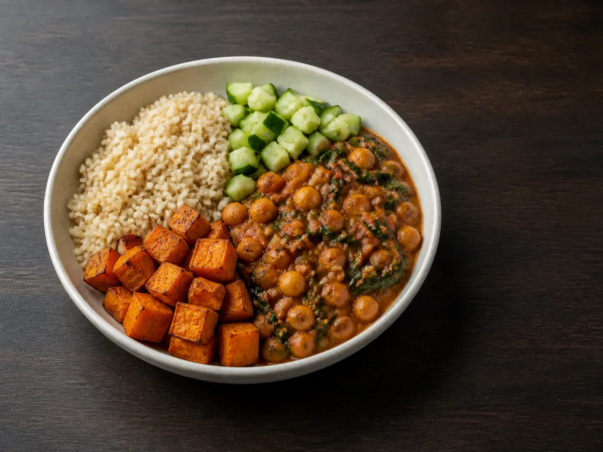 Uma tigela de curry com arroz, curry de grão-de-bico, batata-doce assada e pepino dispostos em arcos separados antes da finalização