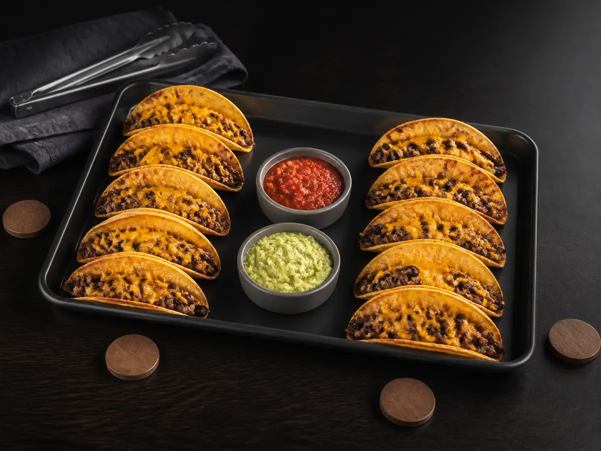 Twelve crisp baked beef and black bean tacos arranged in four lanes with salsa and avocado dip