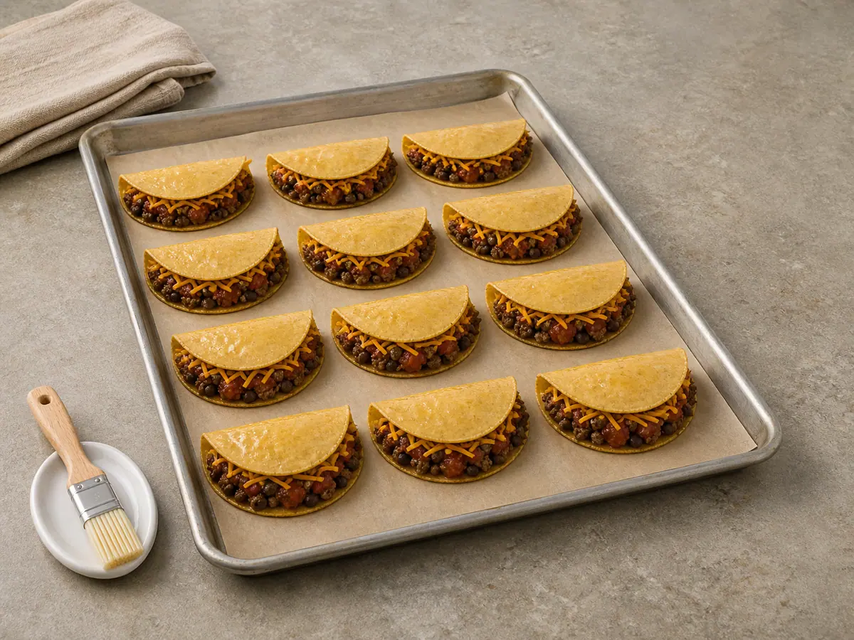 Twelve filled corn tacos folded seam-side up on a parchment-lined rimmed sheet pan before baking