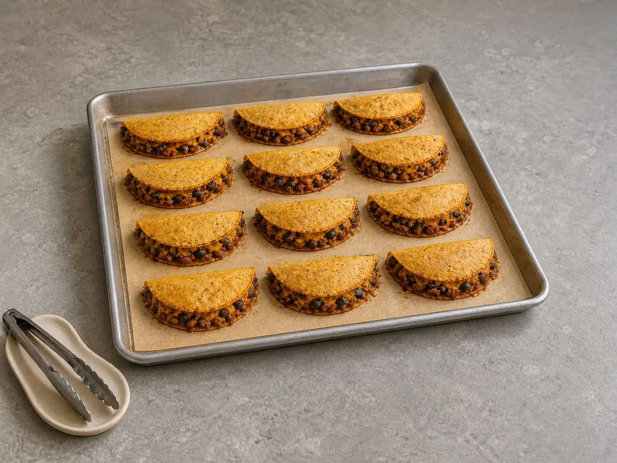 Baked beef and black bean tacos on a parchment-lined sheet pan with crisp golden edges and melted cheddar