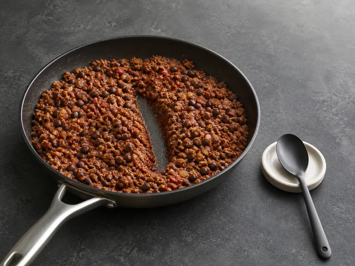 Fully cooked beef, black bean, and tomato salsa filling thickened in a skillet